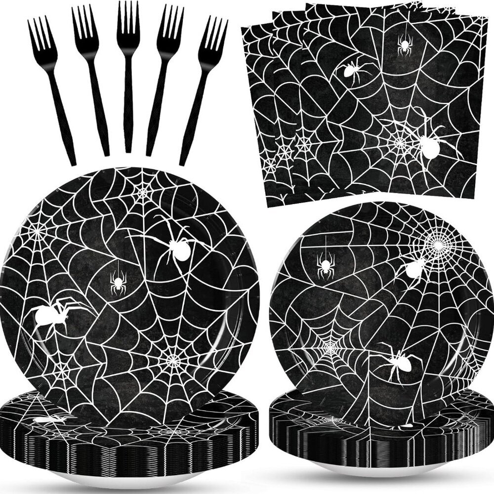 100 Pcs Halloween Spider Web Tableware Party Supplies Set, Serves 25 – Disposabl